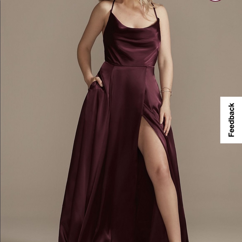 David’s Wine Red Silk Cowl Neckline Bridesmaid Dress